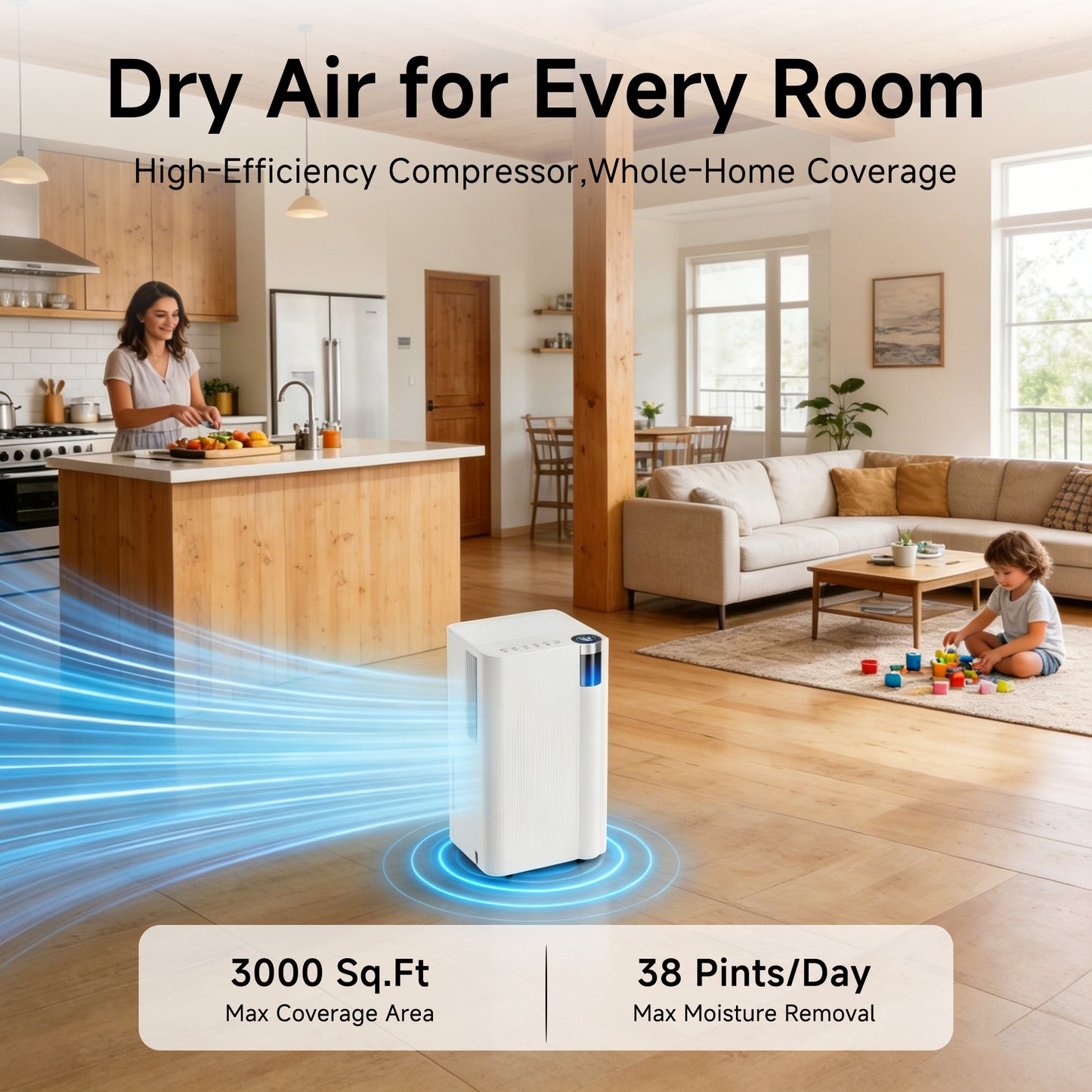Akires Dehumidifier, 9 Pint DOE(Max 38 Pint) for Basement & Home, WiFi Smart Control, 3000 Sq.ft, with Drain Hose for Bathroom, Large Room