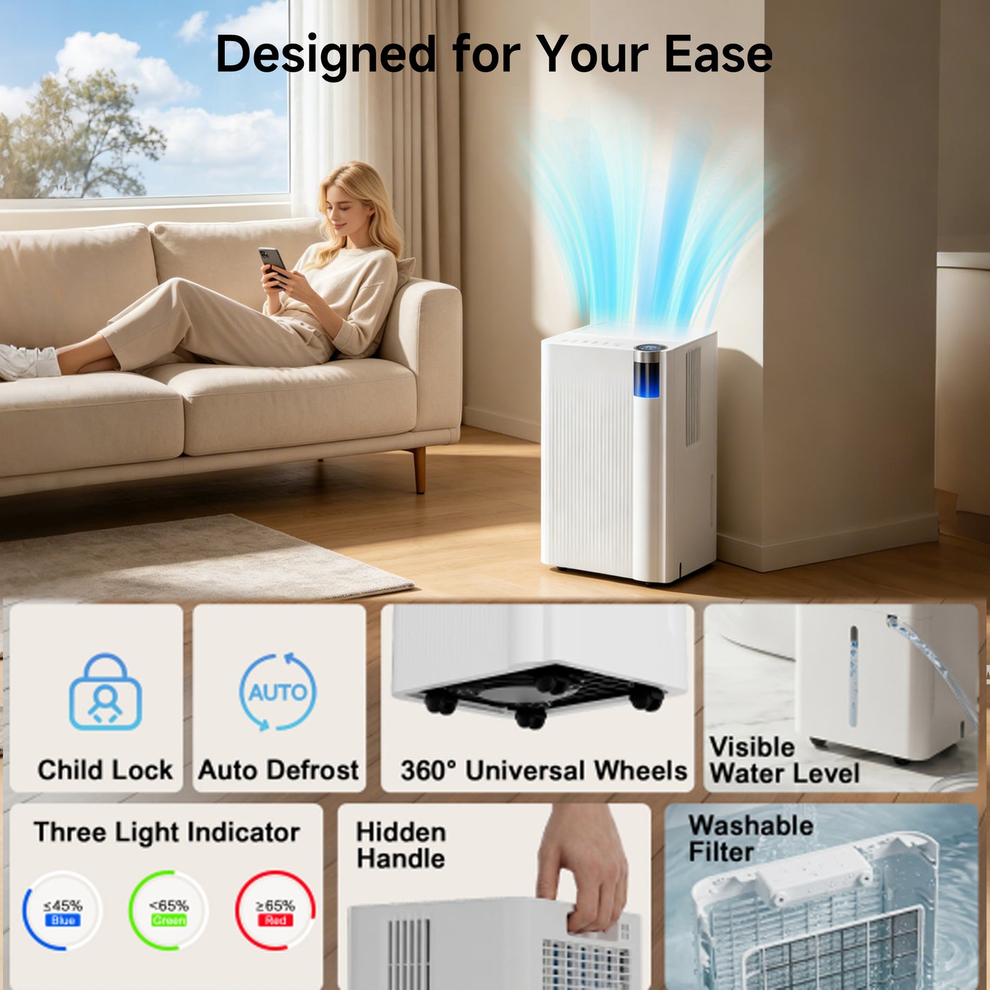 Akires Dehumidifier, 9 Pint DOE(Max 38 Pint) for Basement & Home, 3000 Sq.ft, with Drain Hose for Bathroom, Large Room