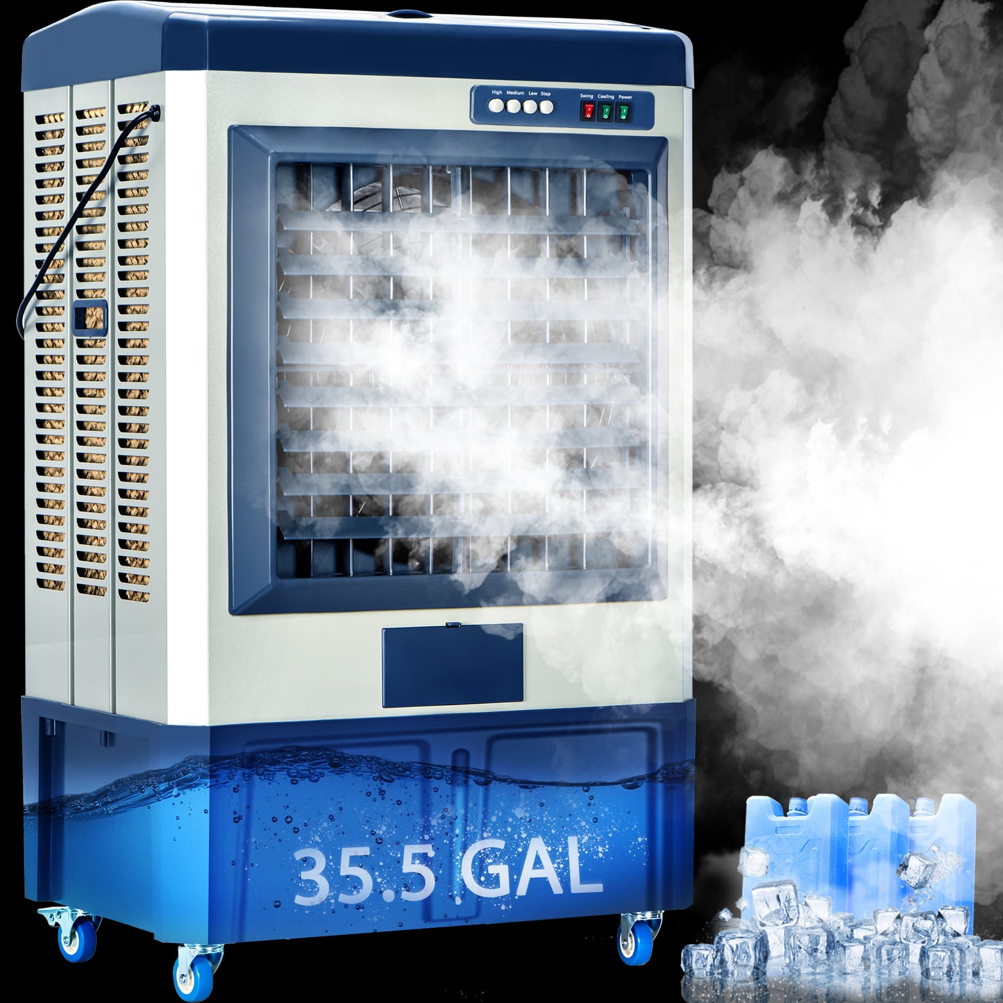 AKIRES 8979 CFM Swamp Cooler, 55" Evaporative Air Cooler with 36-Gal Auto-Fill Tank & 5 Ice Packs, 3 Speeds, 120° Oscillation, Heavy Duty Portable Cooling Fan for Patio, Garage, Indoor, Outdoor,Blue