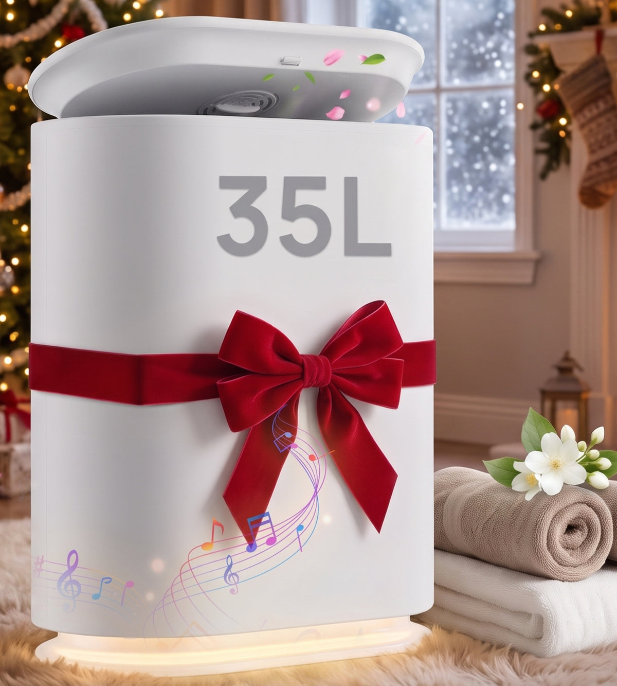 AKIRES Towel Warmer, 35L Luxury Towel Warmers for Bathroom with Bluetooth Speaker, RGB Light, Digital Display & Timer, Aroma Box, Fits Up to Two 40"X70" Oversized Towels, Bathrobes, Blankets, White