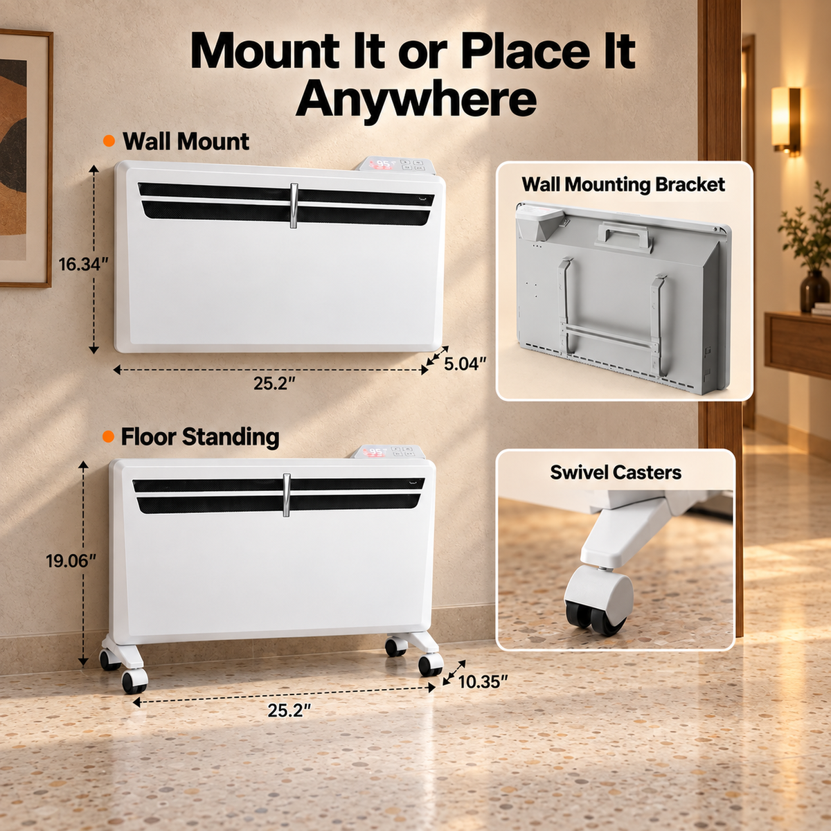 Space Heaters for Indoor Use, 1500W Convection Electric Heater with Remote Control, Wall Mount & Standing, 0dB, Energy Saving-Smart WiFi