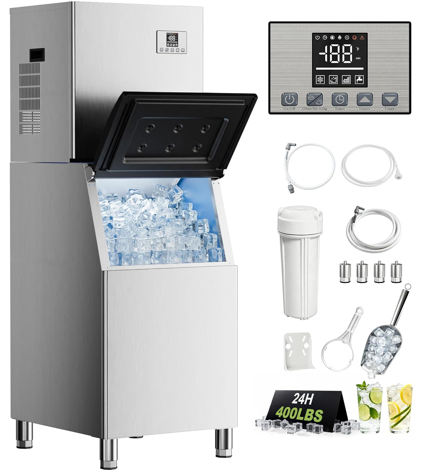 AKIRES Commercial Ice Maker Machine 450Lbs/24H with 250Lbs Storage, Self-Cleaning Mode, Industrial Ice Machine, Ice Ready in 7-15 min, Stainless Steel Ice Maker for Bar/Cafe/Restaurant/Business