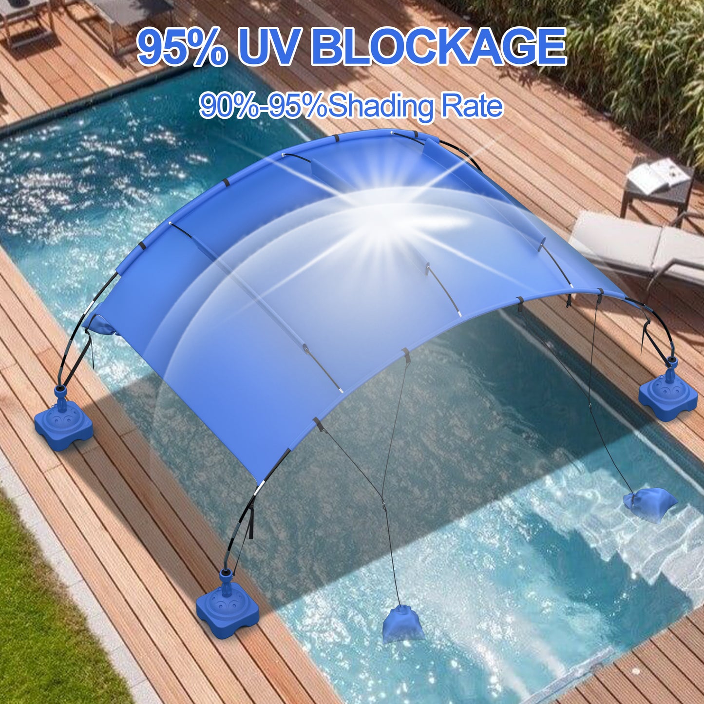 Pool Shade Canopy, UPF 50+ Beach Shade Canopy with Sand Bags and Pool Accessories, Windproof & Quick Assembly, Beach Tent Sun Shelter for Swimming, Camping, Picnic and Patio