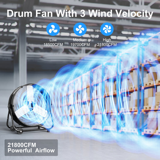 21800CFM Large Industrial Floor Drum Fan,600W High Velocity Heavy Duty Big Metal Shop Fan with 360° Tilt, Handle, ETL Listed for Garage black