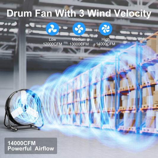 14000CFM Large Industrial Shop Floor Drum Fan,550W High Velocity Heavy Duty Big Metal Fan with 360° Tilt, Handle, ETL Listed for Garage,BLACK