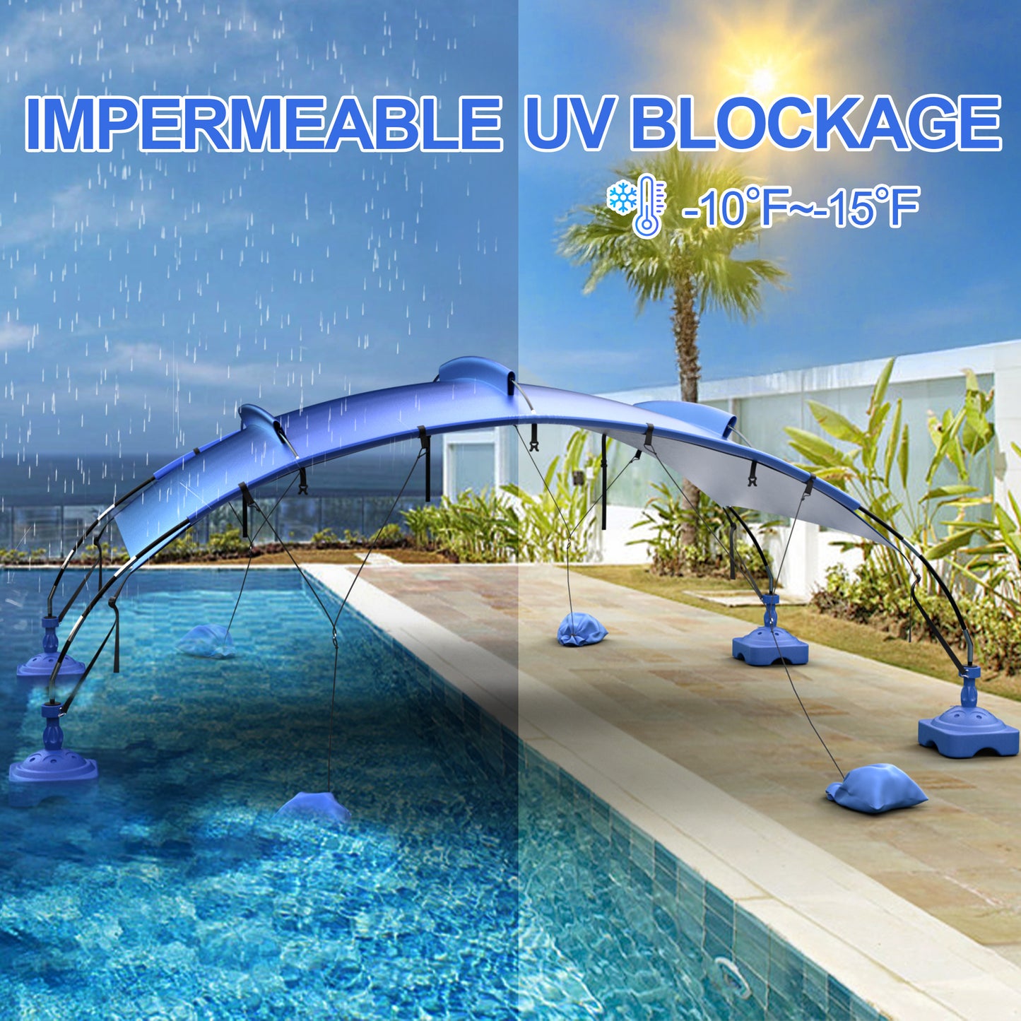 Pool Shade Canopy, UPF 50+ Beach Shade Canopy with Sand Bags and Pool Accessories, Windproof & Quick Assembly, Beach Tent Sun Shelter for Swimming, Camping, Picnic and Patio