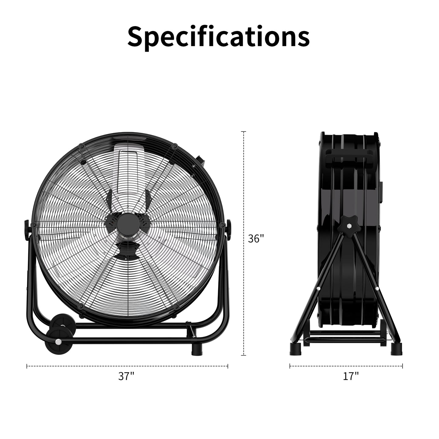Industrial Drum Fan 36", High Velocity, 13600 CFM, 3-Speed, Heavy Duty Metal Fan for Commercial, Factory(Black)