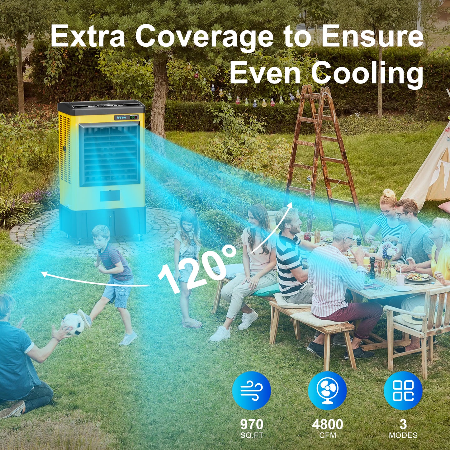 AKIRES 4800CFM Swamp Cooler,Evaporative Air Cooler for 970Sq.ft of Space,with Continuous Auto Fill,10-Gal Water Tank,120°Oscillation,3 Ice Packs,Cooling Fan for Outdoor,IndoorYellow(38IN )