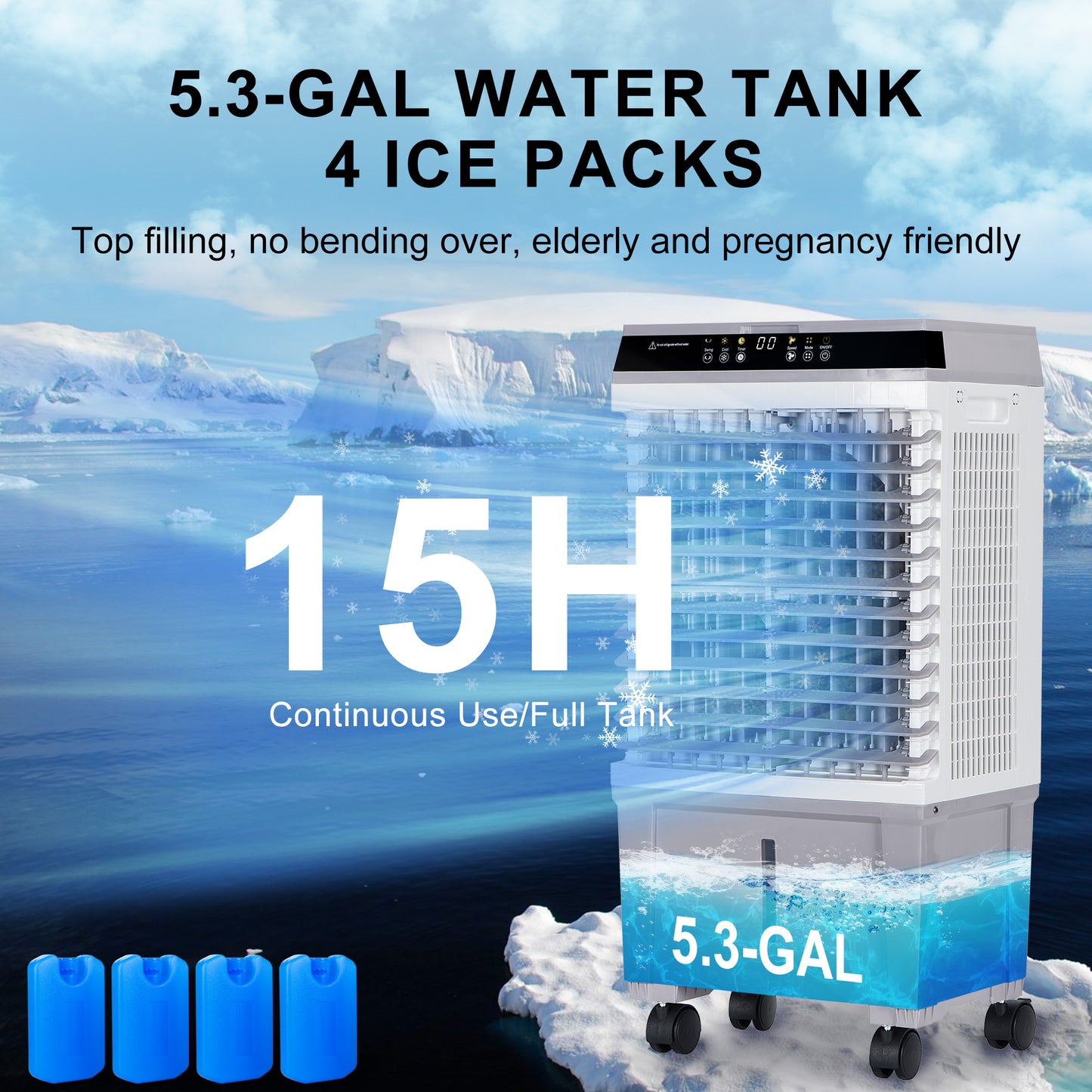 Swamp Cooler,3-IN-1 Evaporative Air Cooler with 2025 New Upgraded Copper Motor,5.3 Gal Water Tank,4 Ice Packs,12H Timer, Cooling Tower Fan for Indoor,