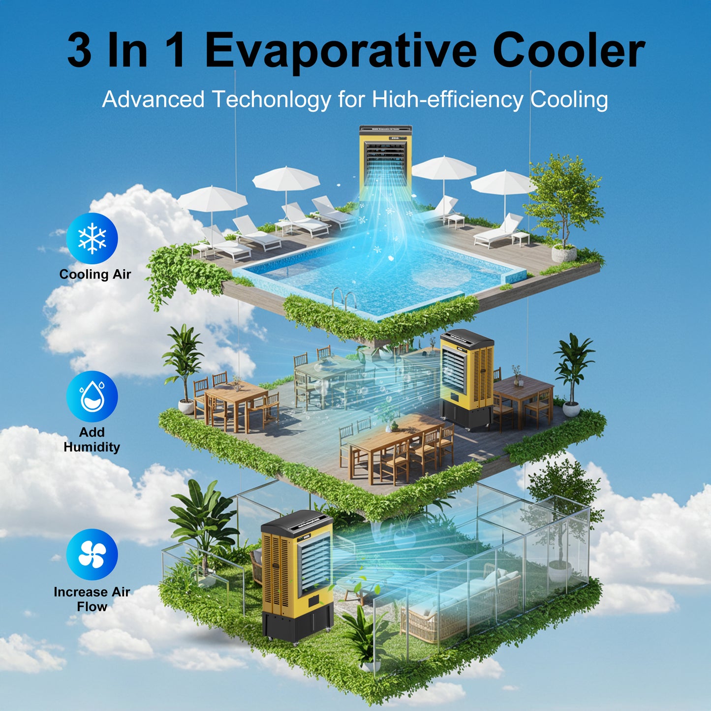 8980CFM Swamp Cooler,55IN Evaporative Air Cooler for 1735Sq.ft of Space, Evaporative Cooler with Continuous Auto Fill,36-Gal Water Tank,120°Oscillation