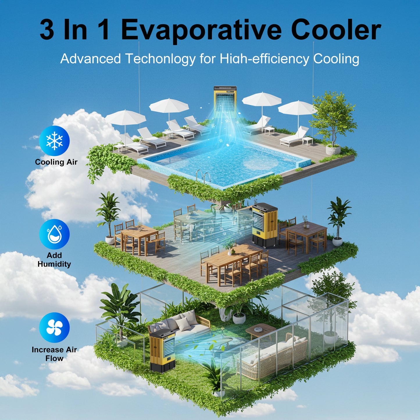 AKIRES 4800CFM Swamp Cooler,Evaporative Air Cooler for 970Sq.ft of Space,with Continuous Auto Fill,10-Gal Water Tank,120°Oscillation,3 Ice Packs,Cooling Fan for Outdoor,IndoorYellow(38IN )