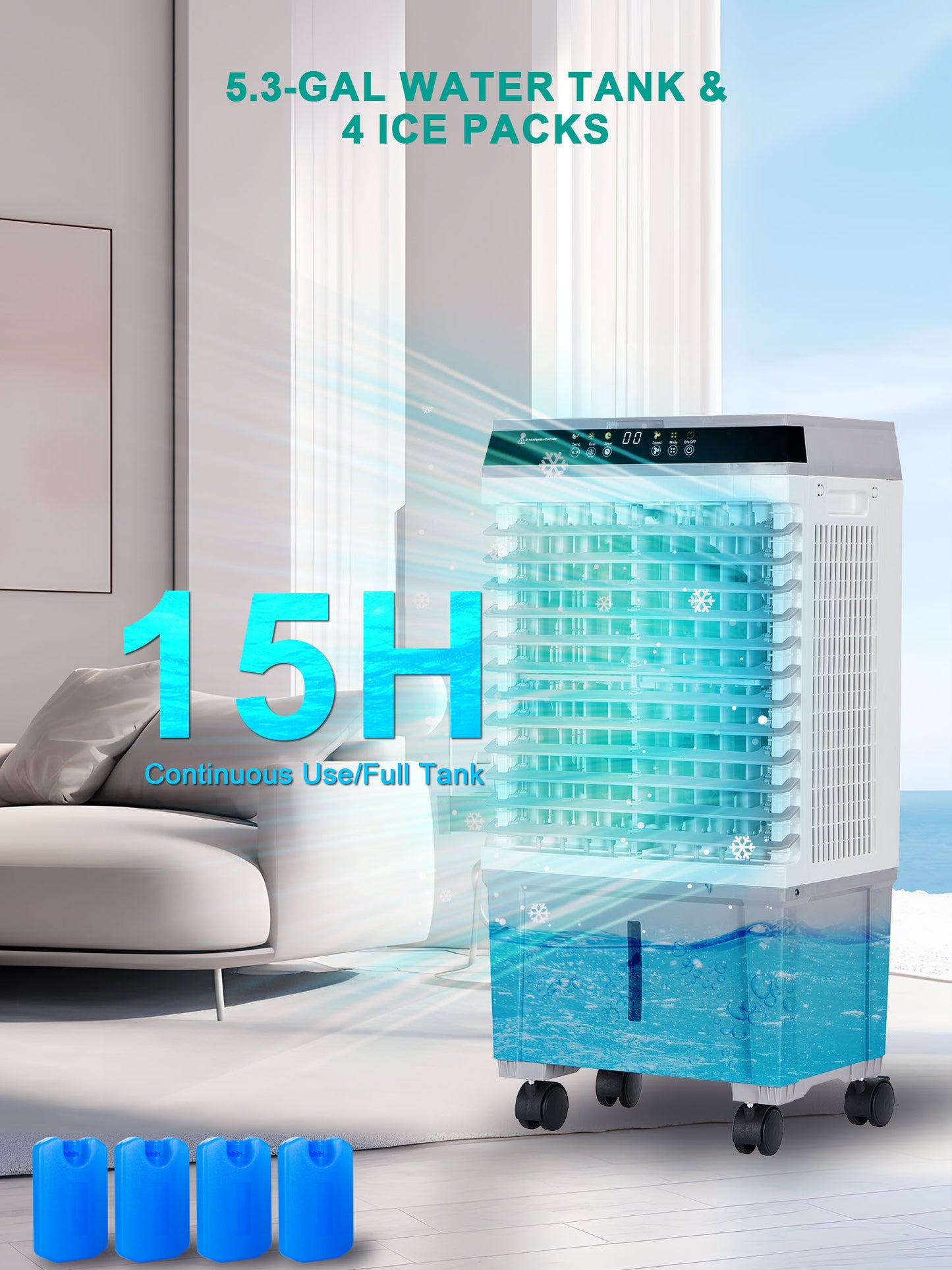 33IN Swamp Cooler,3-IN-1 Evaporative Air Cooler with 2025 New Upgraded Copper Motor,5.35Gal Water Tank,4 Ice Packs,12H Timer,Cooling Tower Fan for Indoor,Outdoor,Bedroom,Office,Room,Home