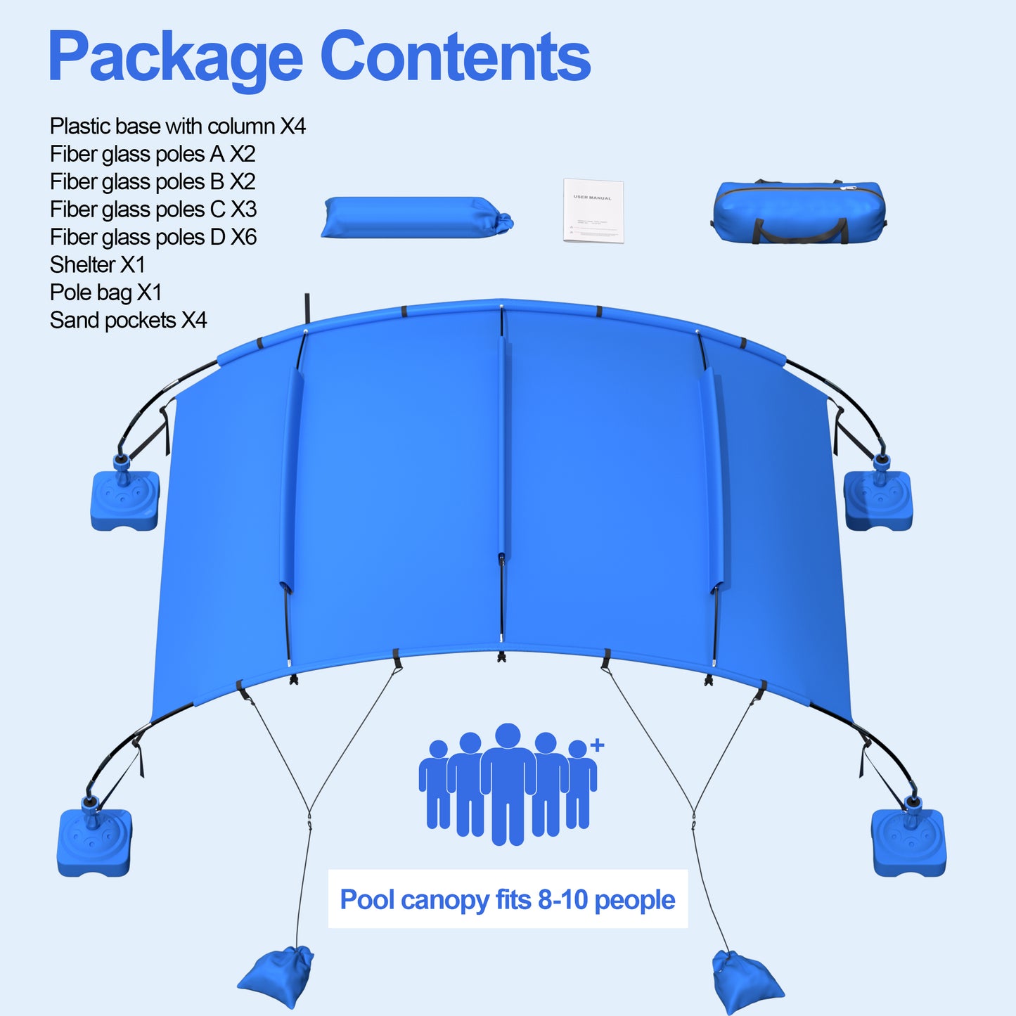 Pool Shade Canopy, UPF 50+ Beach Shade Canopy with Sand Bags and Pool Accessories, Windproof & Quick Assembly, Beach Tent Sun Shelter for Swimming, Camping, Picnic and Patio