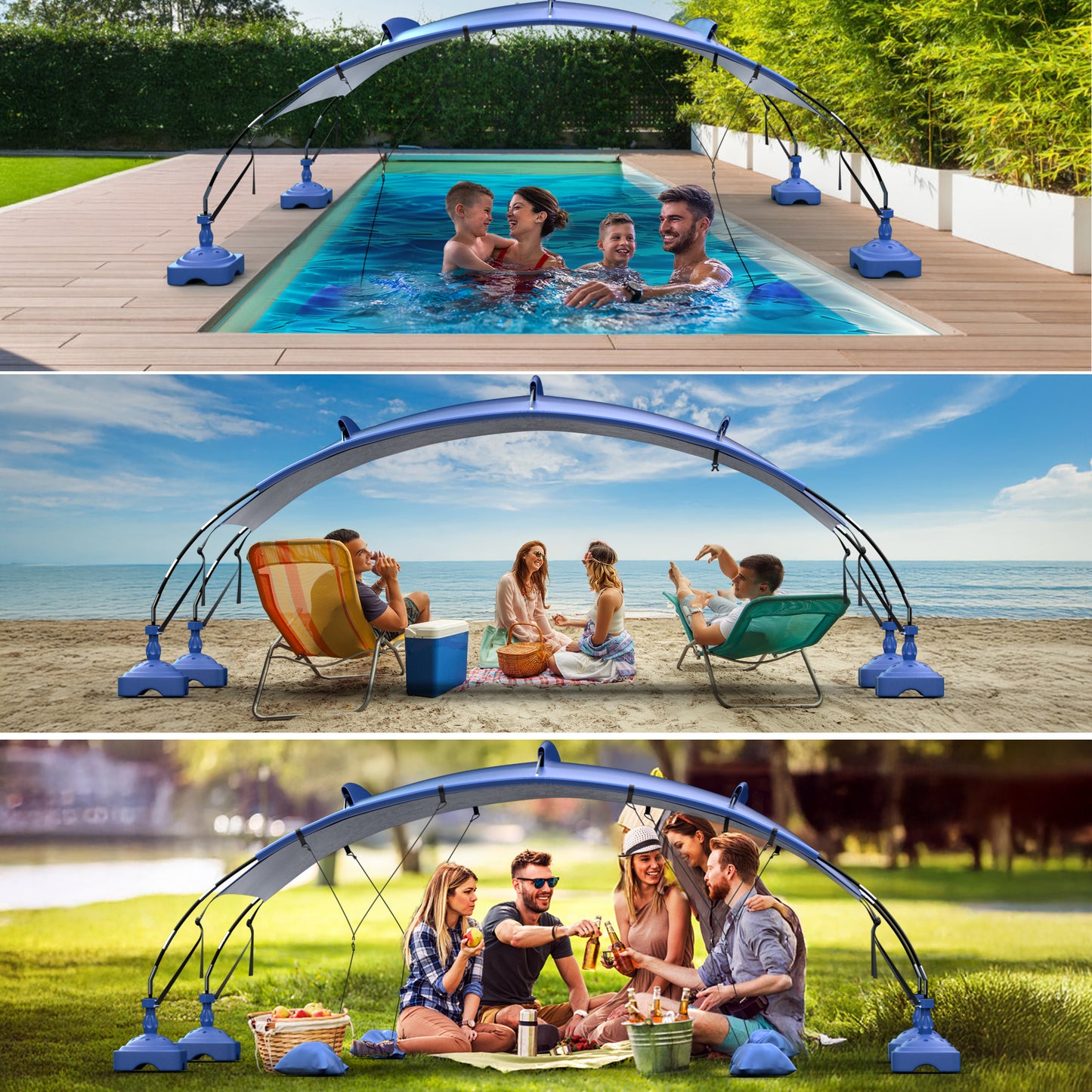 Pool Shade Canopy, UPF 50+ Beach Shade Canopy with Sand Bags and Pool Accessories, Windproof & Quick Assembly, Beach Tent Sun Shelter for Swimming, Camping, Picnic and Patio