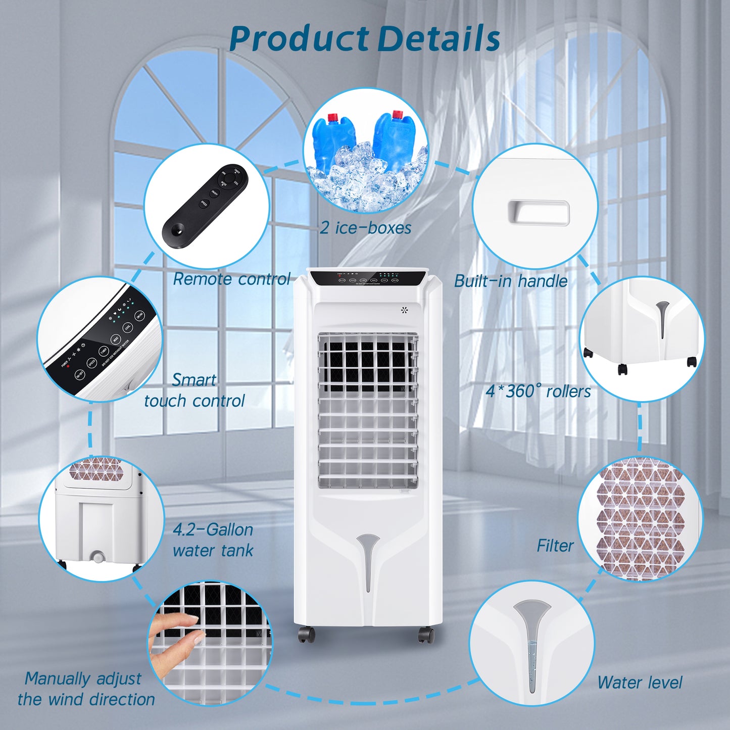 Swamp Cooler Windowless Portable Air Conditioner,Evaporative Air Cooler with 4.2-Gal Tank,4 Ice Packs,12H Timer,Portable Ac Evaporative Cooler for Indoor Room Bedroom Office Outdoor