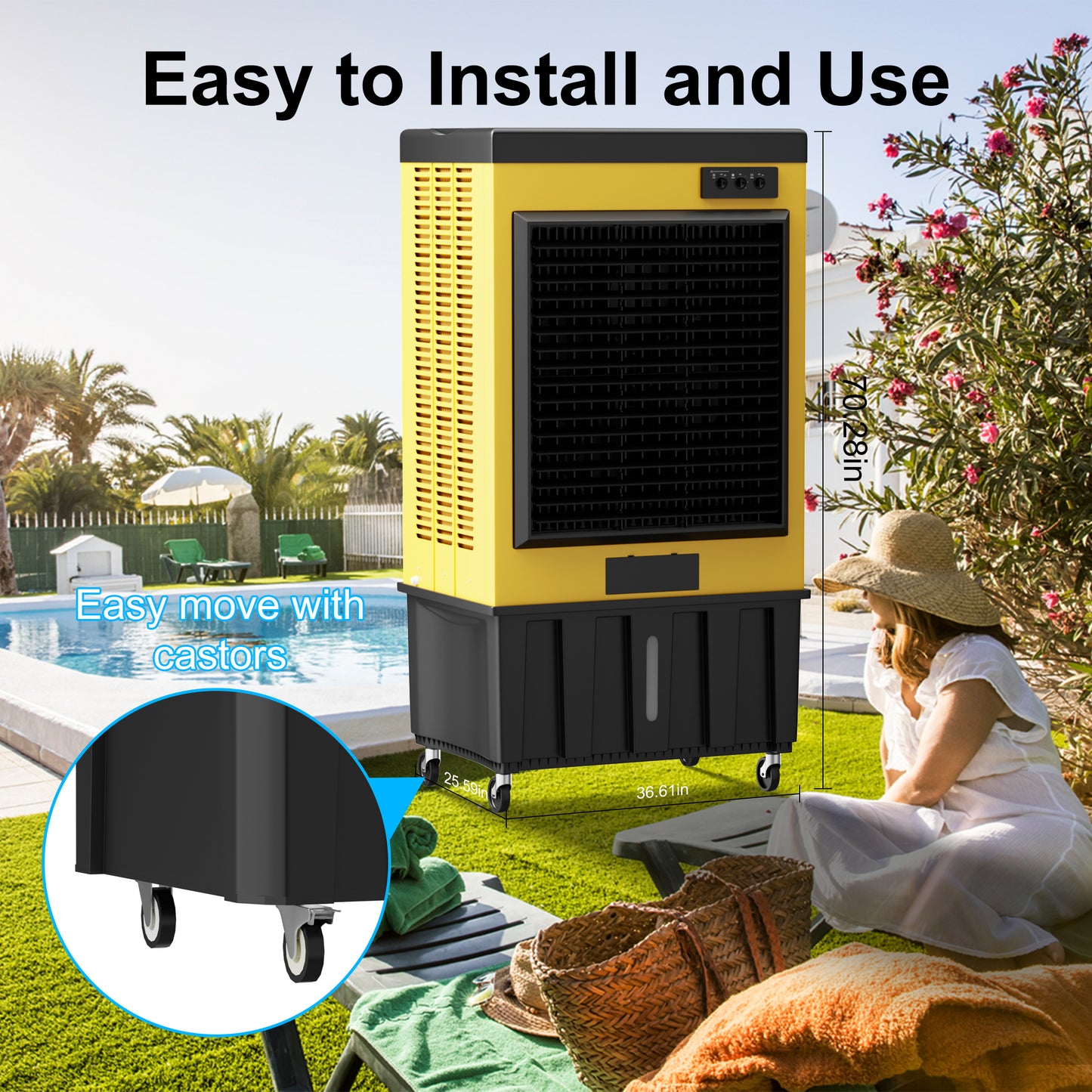 AKIRES 14715CFM Swamp Coolers,Evaporative Air Cooler for 2800Sq.ft of Space,with Continuous Auto Fill,53-Gal Water Tank,120°Oscillation,5 Ice Packs,Cooling Fan for Outdoor,Indoor Yellow(71IN)