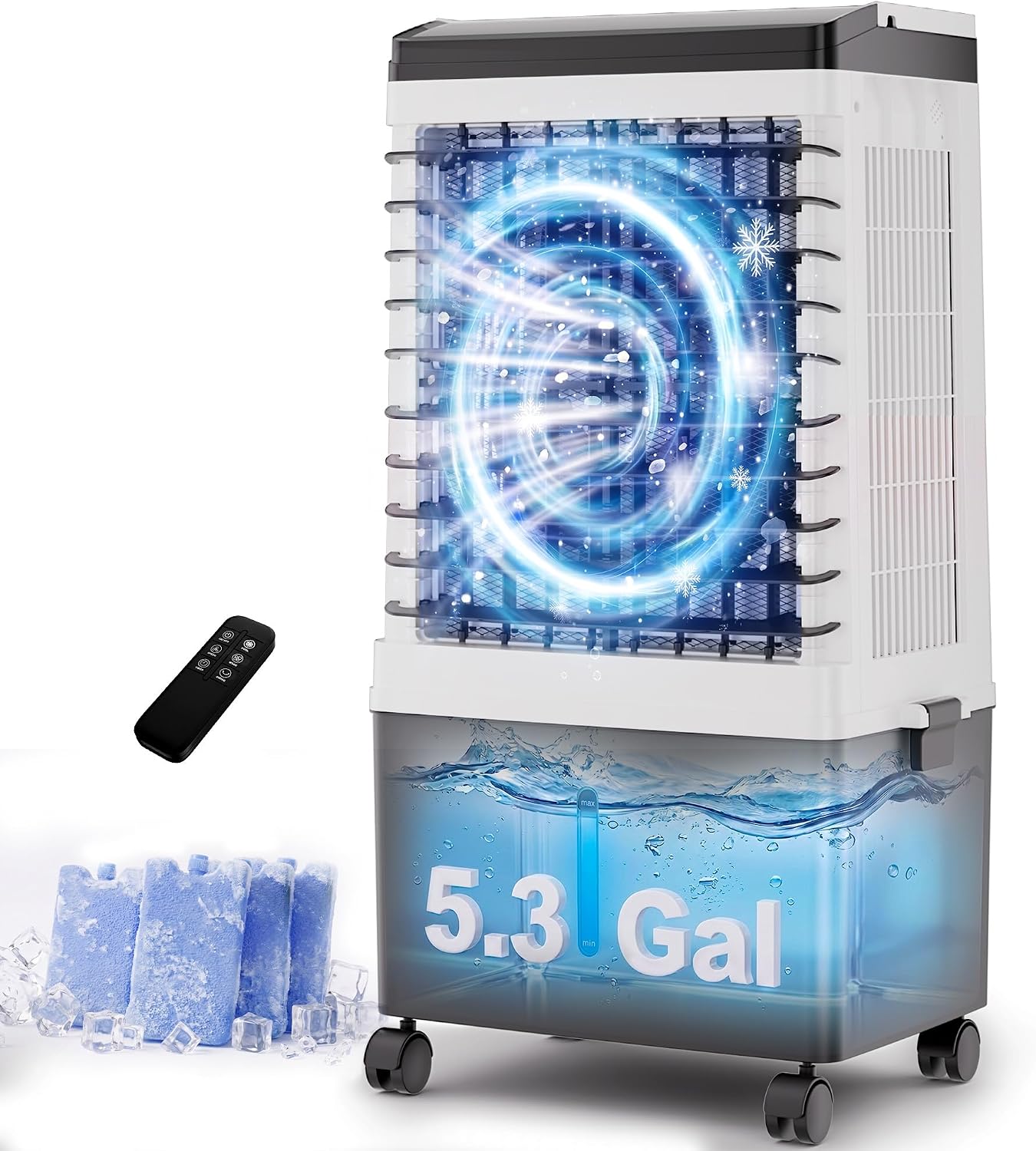 AKIRES 1800CFM Swamp Cooler,Evaporative Air Cooler with 5.3-Gal Water Tank, 4 Ice Packs, Portable Air Conditioners with Remote Control,12H Timer,Evaporative Cooler for Indoor,Outdoor Use (32IN)