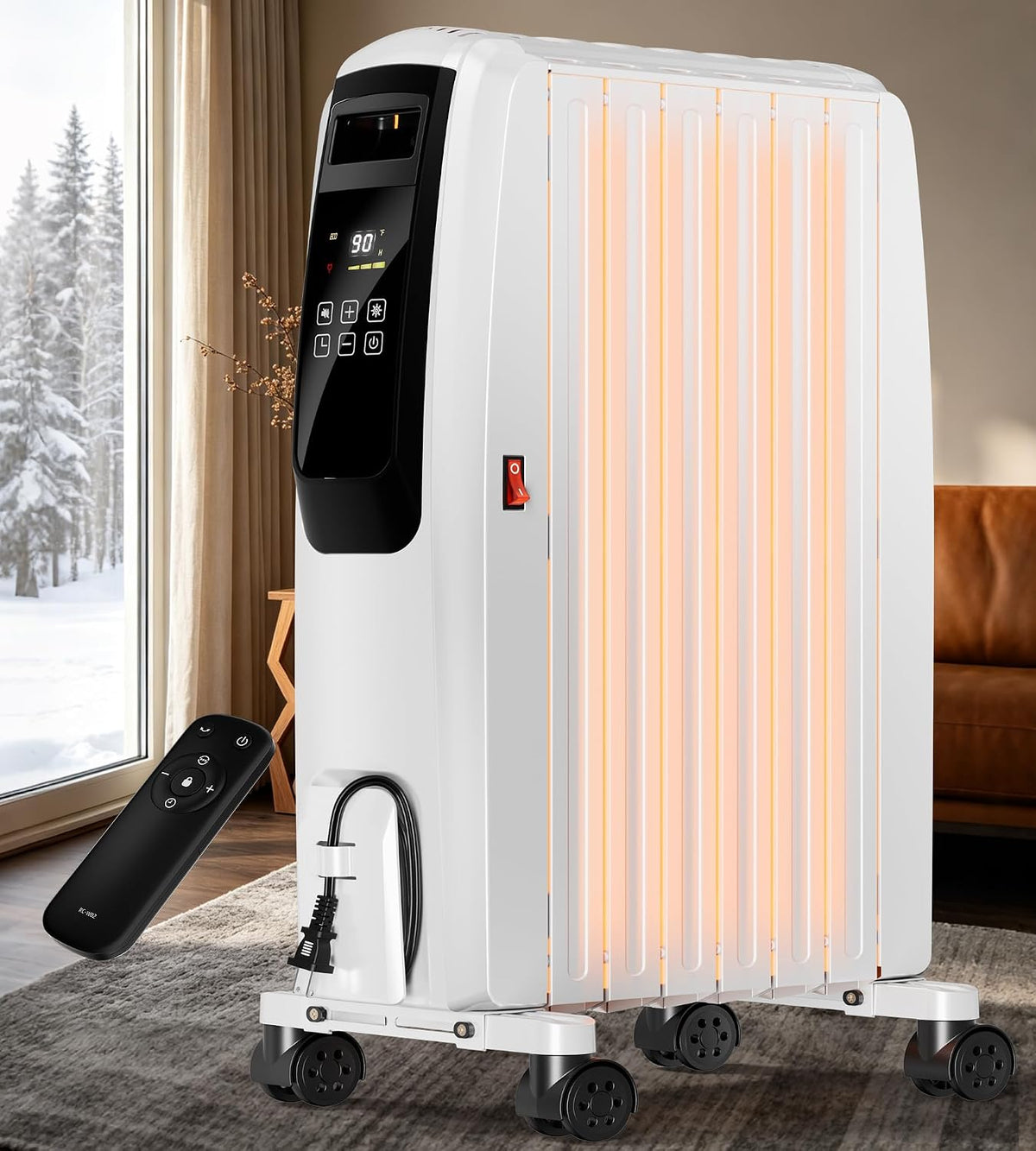 AKIRES Oil Filled Radiator Heater, 1500W Electric Radiator Heater with Thermostat, ECO Mode, 24H Timer, Tip-Over & Overheat Protection, Ultra-quiet, Space Heater for Large Room Bedroom Office, White