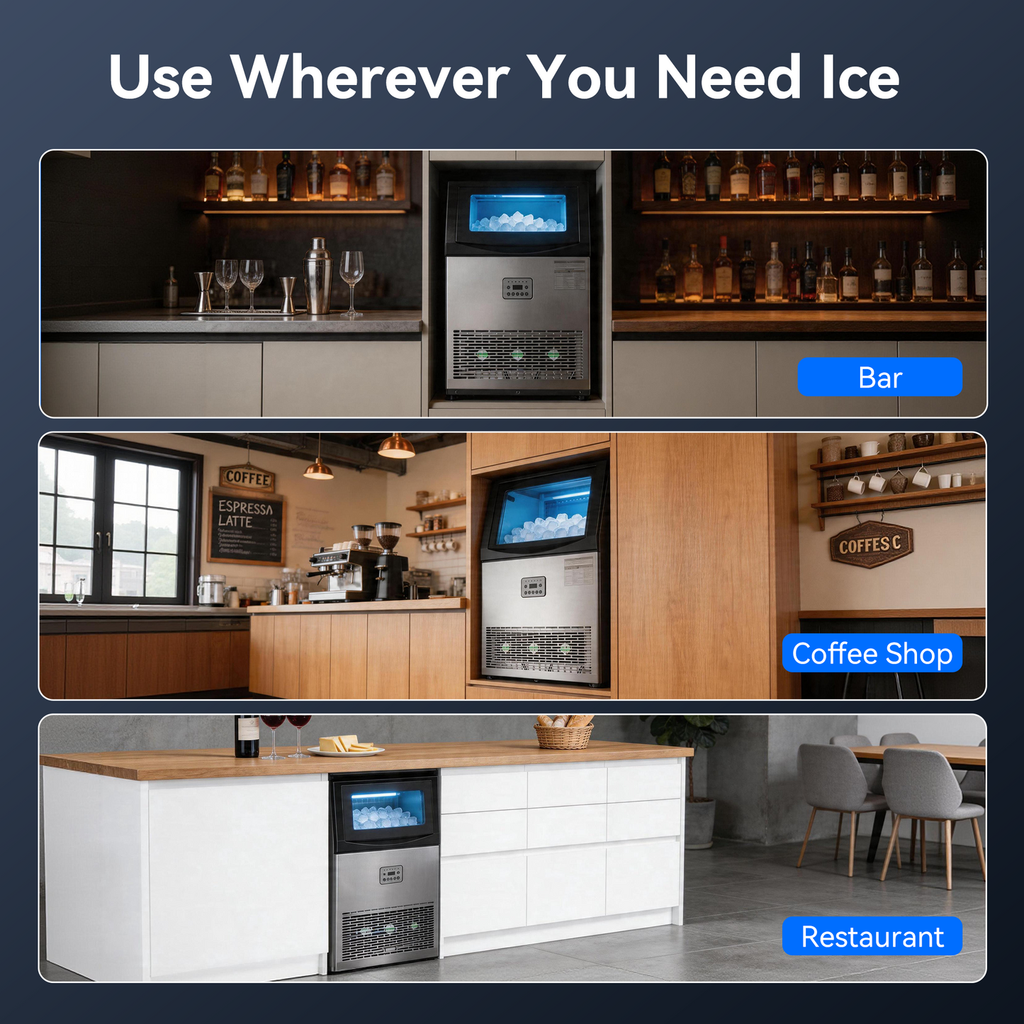 Commercial Ice Maker Machine, 200 Lbs/24H with 33 Lbs Storage, 96 Cubes, Under Counter/Freestanding Ice Makers, Stainless Steel