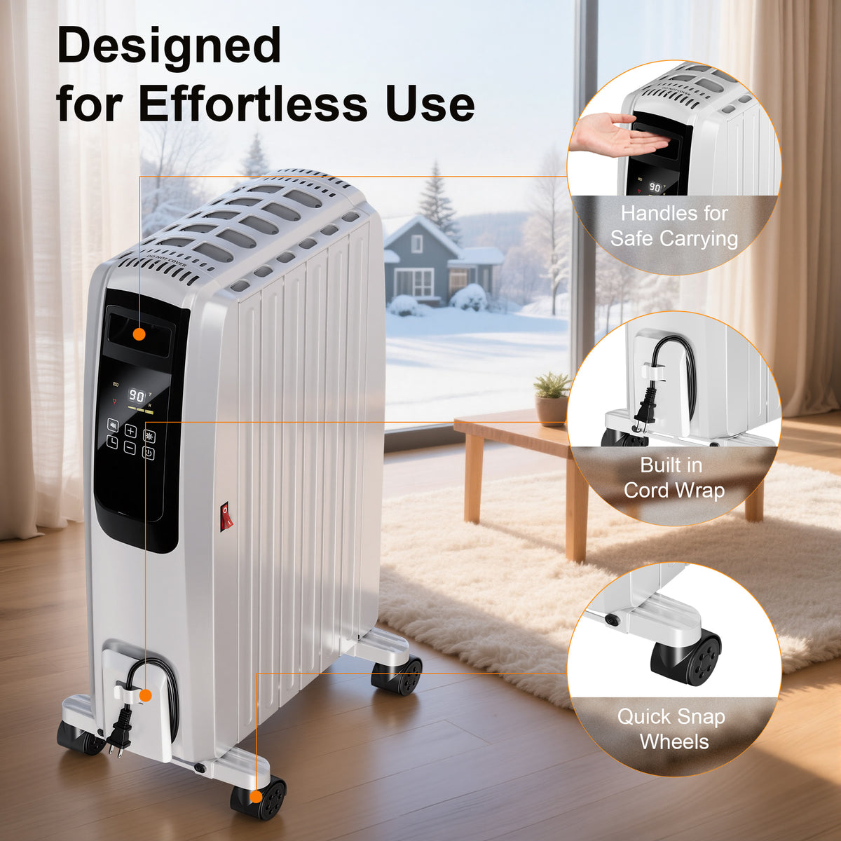 Oil Filled Radiator Heater, Space Heater Large Room, Electric Heater for Indoor Use, Office with Thermostat, 0dB, 24H Timer, Energy Saving(White)