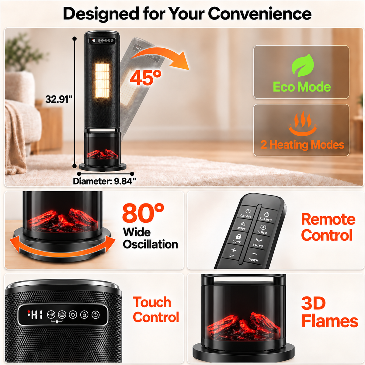 Space Heater for Indoor Use, 1500W Electric Heater with Remote, Timer, ECO, Safety Protection for Large Bedroom, Living Room