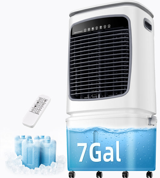 AKIRES 2020CFM Swamp Cooler, Evaporative Cooler for 650Sq.ft of Space, Air Cooler with 7.0-Gal Water Tank,90°Oscillation, 4 Ice Packs,12H Timer, Cooling Fan for Indoor, Outdoor Use