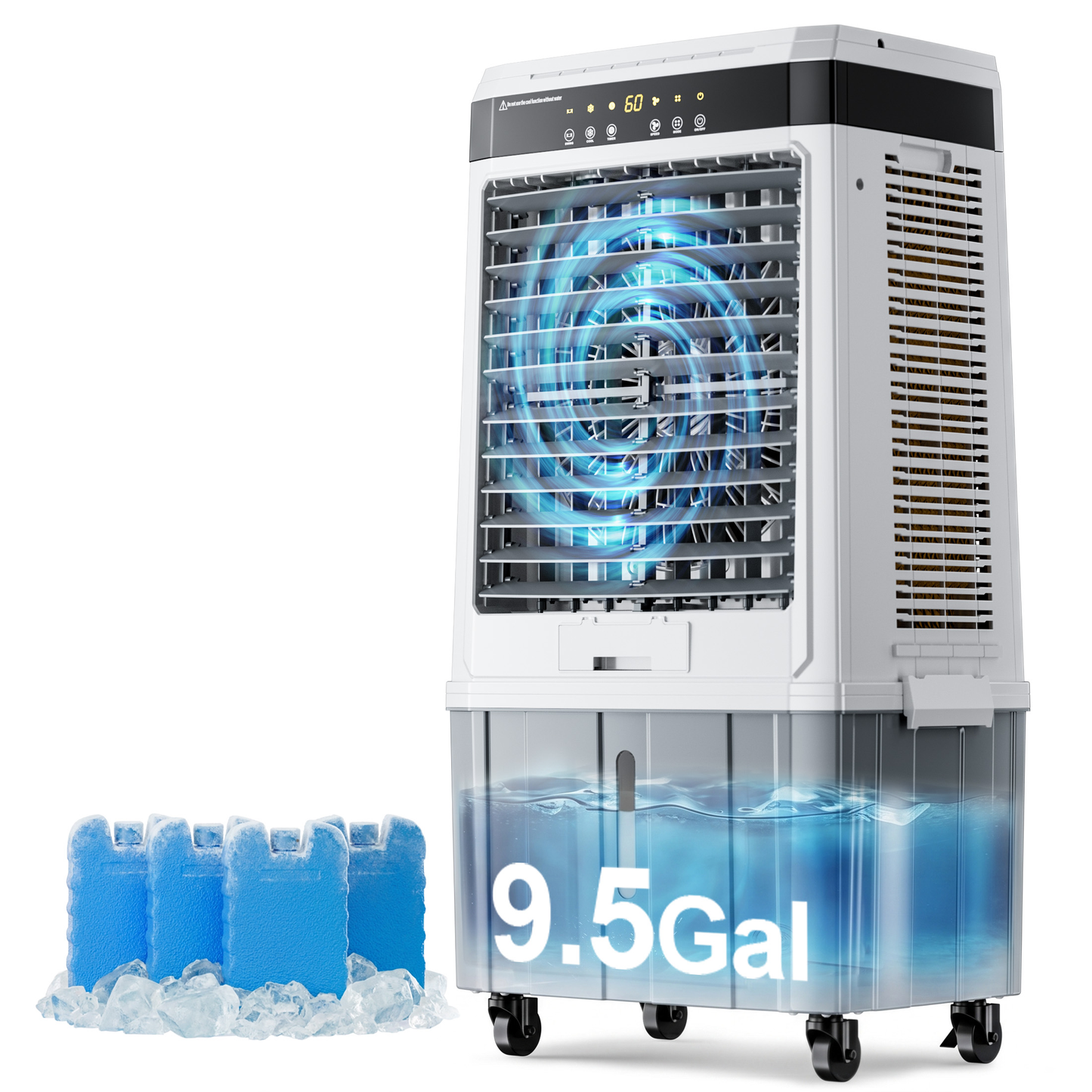 AKIRES Swamp Cooler,Evaporative Air Cooler with 9.5Gal Detachable Water Tank,Ice Packs,12H Timer,Portable Cooling Tower Fan for Indoor Room Bedroom Office Outdoor White