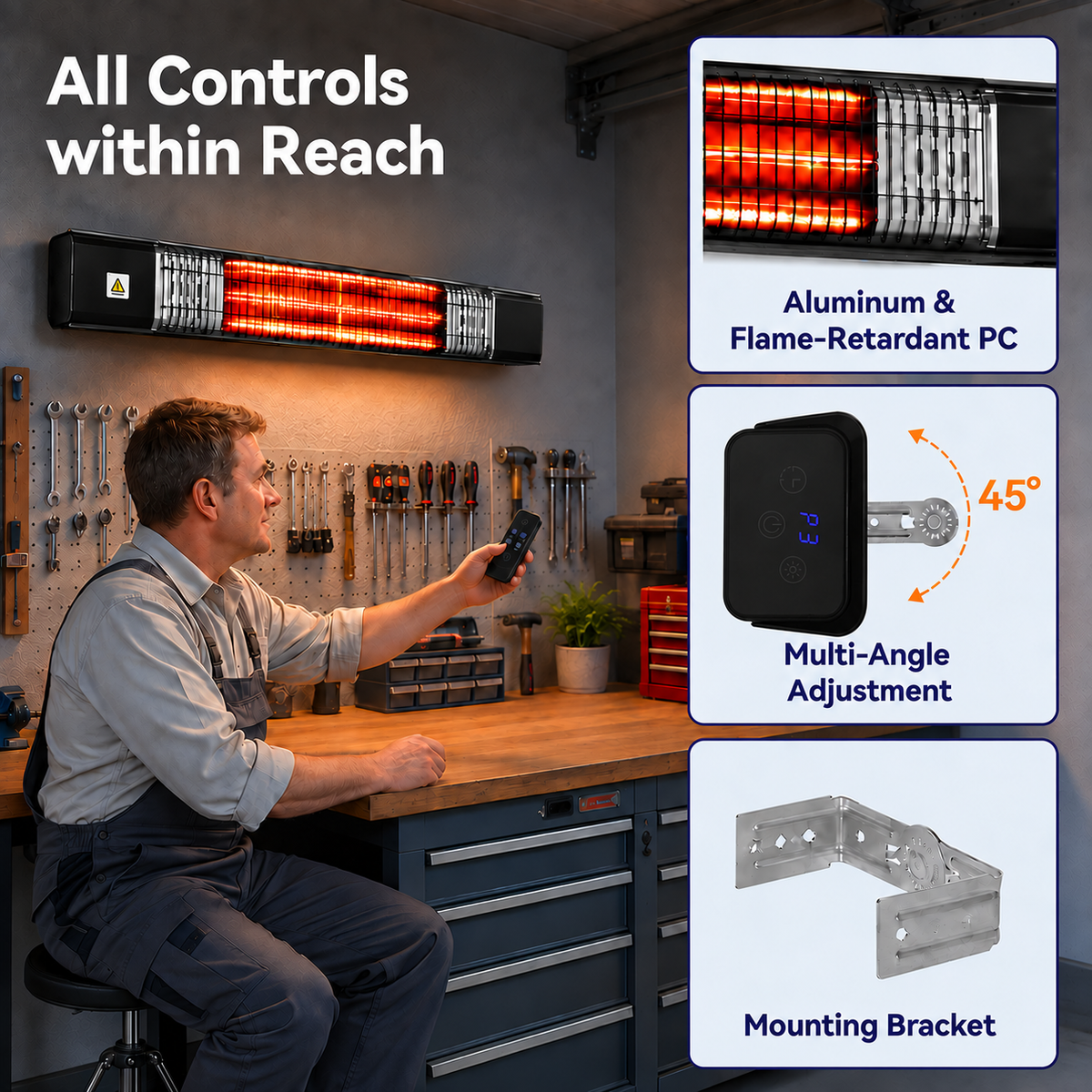 Electric Patio Outdoor Heater, Infrared Heaters, Wall Mounted, Remote Control, Tip-Over&Overheat Protection for Garage, Indoor, Large Room, Backyard