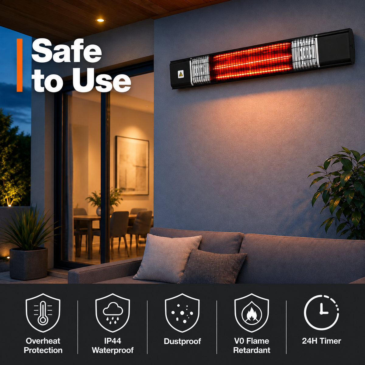 Electric Patio Outdoor Heater, Infrared Heaters, Wall Mounted, Remote Control, Tip-Over&Overheat Protection for Garage, Indoor, Large Room, Backyard
