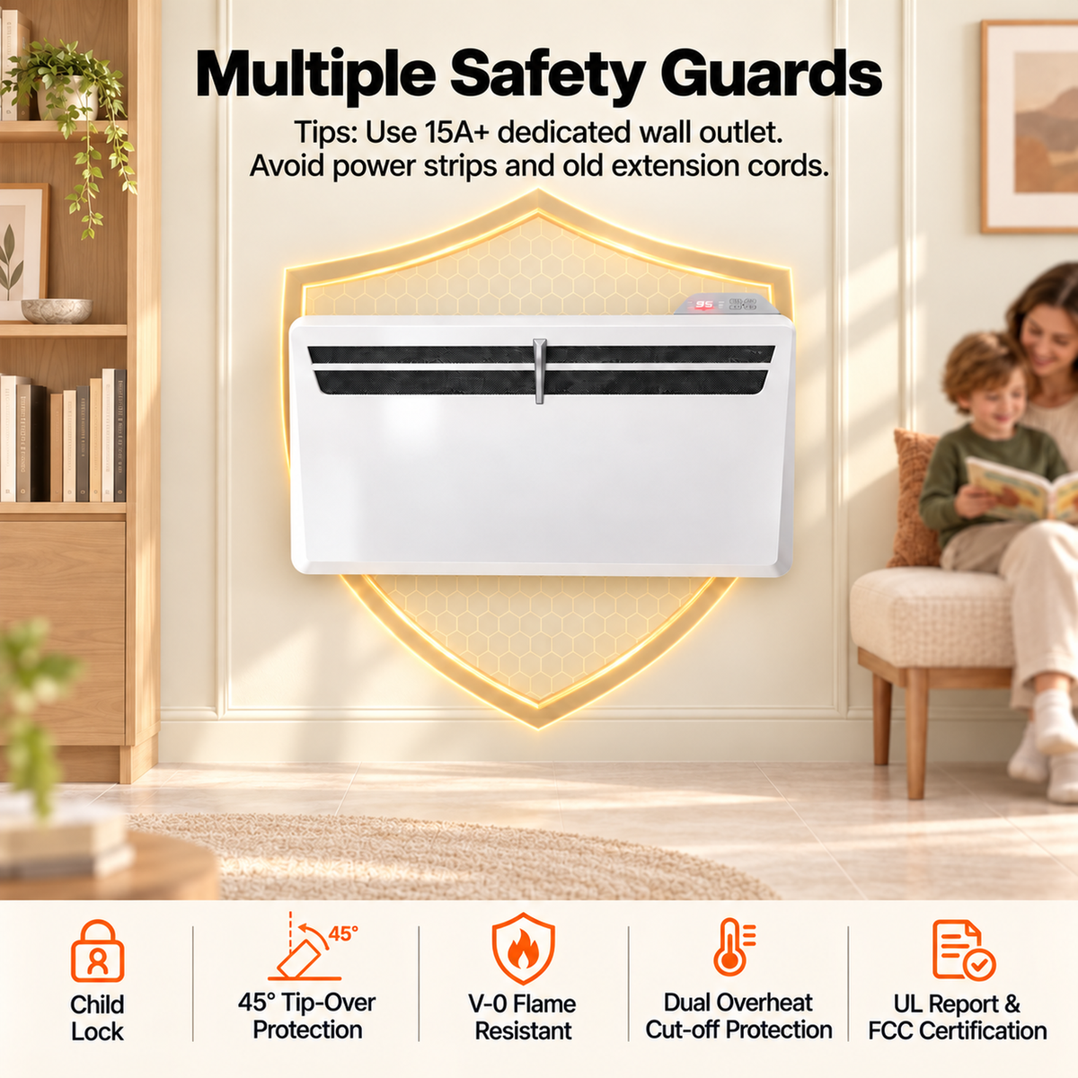 Space Heaters for Indoor Use, 1500W Convection Electric Heater with Remote Control, Wall Mount & Standing, 0dB, Energy Saving