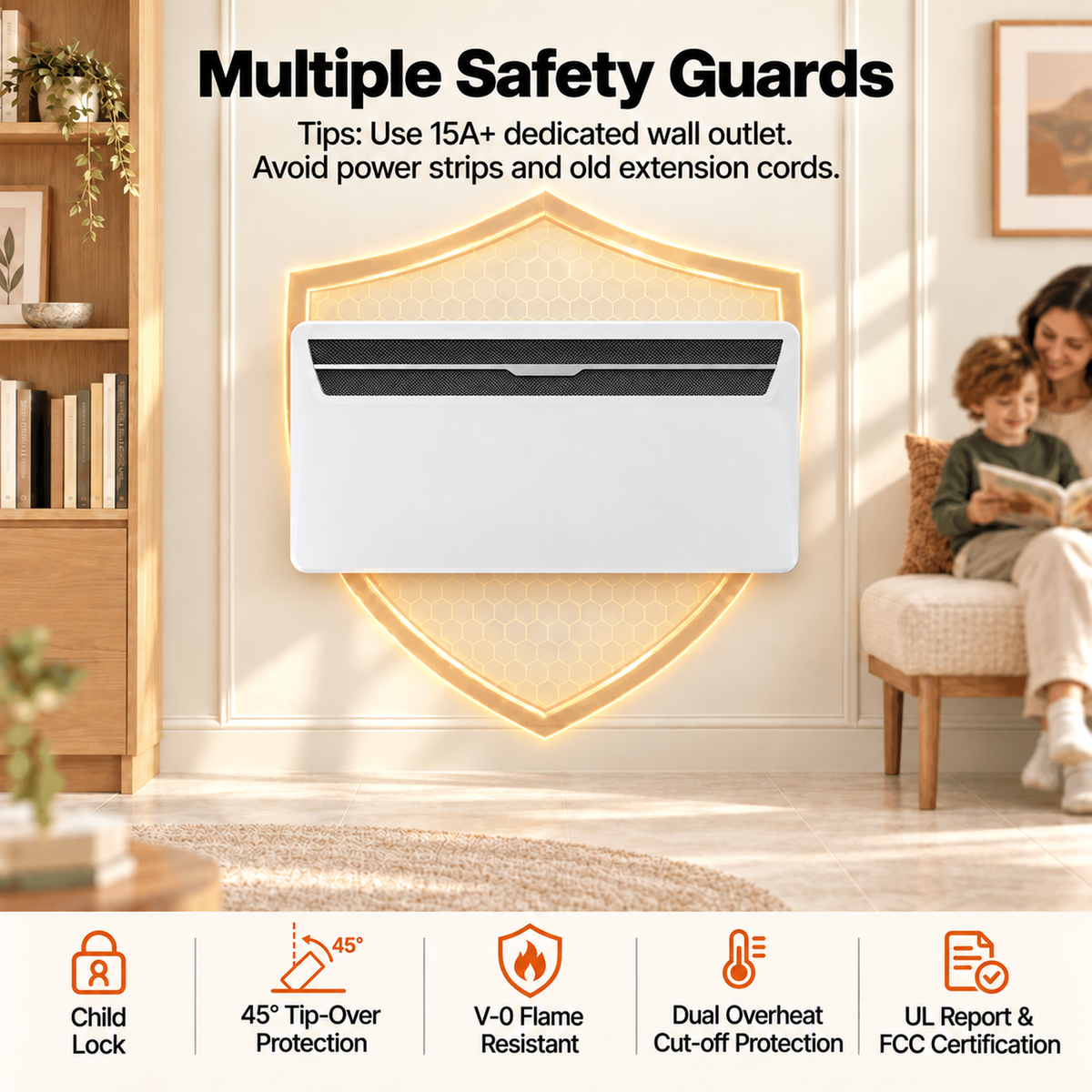 Space Heaters for Indoor Use, 1500W Convection Electric Panel Heater with Remote Control, Wall Mount & Standing, 0dB, Energy Saving