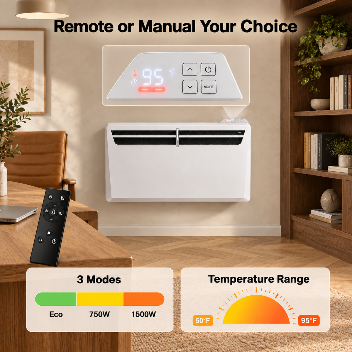 Space Heaters for Indoor Use, 1500W Convection Electric Heater with Remote Control, Wall Mount & Standing, 0dB, Energy Saving-Smart WiFi