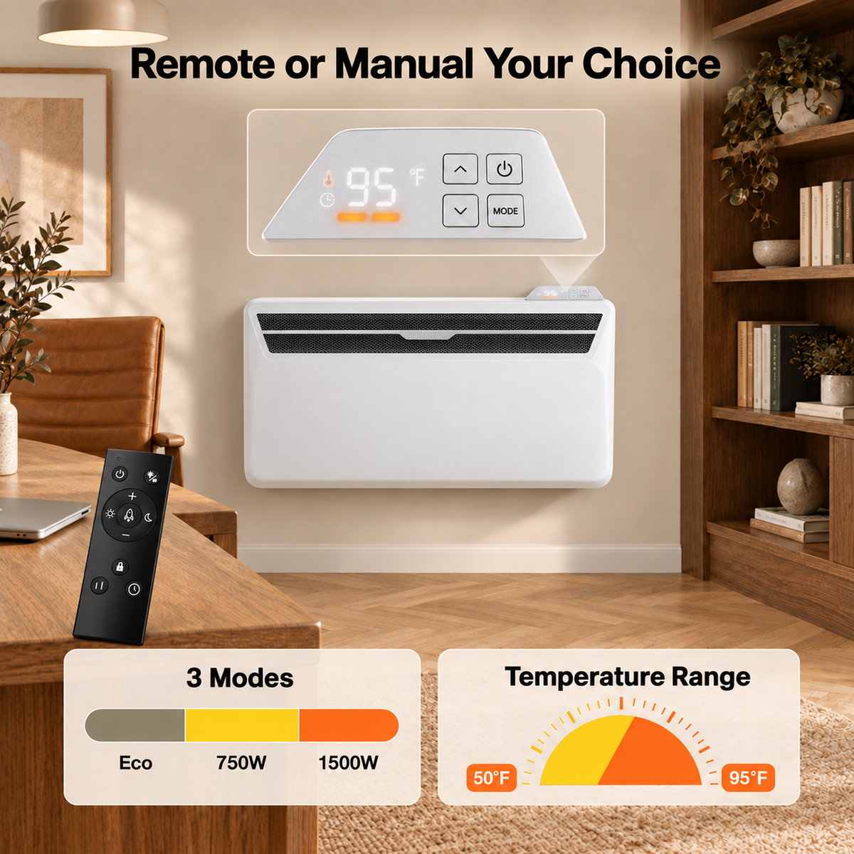 Space Heaters for Indoor Use, 1500W Convection Electric Panel Heater with Remote Control, Wall Mount & Standing, 0dB, Energy Saving