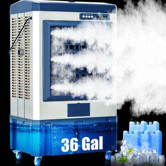 AKIRES 8979 CFM Swamp Cooler, 55" Evaporative Air Cooler with 36-Gal Auto-Fill Tank & 5 Ice Packs, 3 Speeds, 120° Oscillation, Heavy Duty Portable Cooling Fan for Patio, Garage, Indoor, Outdoor,Blue