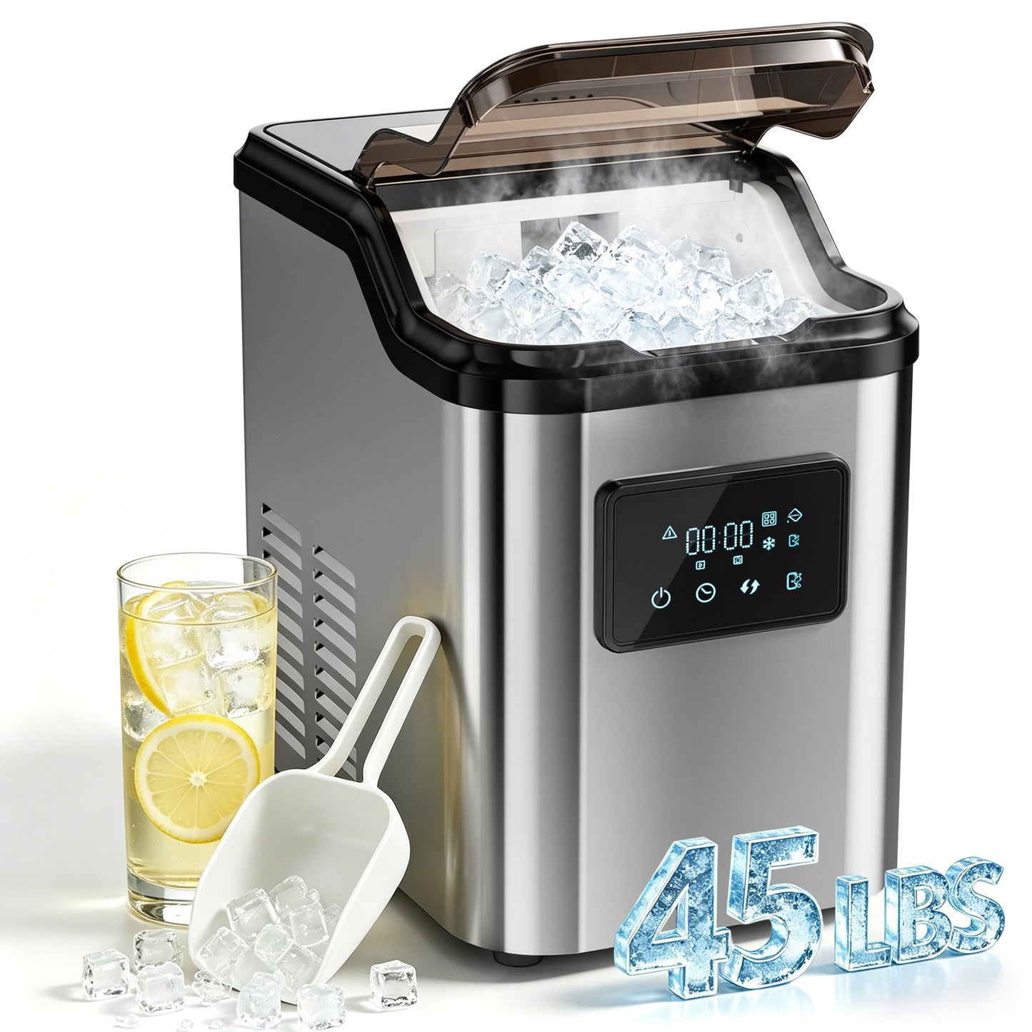 Nugget Ice Makers Countertop, 45lbs/Day Portable Pebble Ice Machine with Crushed Ice, Self-Cleaning, Pellet Ice Makers with Chewable Sonic Ice for Home, Kitchen, Camping, RV, Office