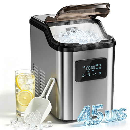 Nugget Ice Makers Countertop, 45lbs/Day Portable Pebble Ice Machine with Crushed Ice, Self-Cleaning, Pellet Ice Makers with Chewable Sonic Ice for Home, Kitchen, Camping, RV, Office