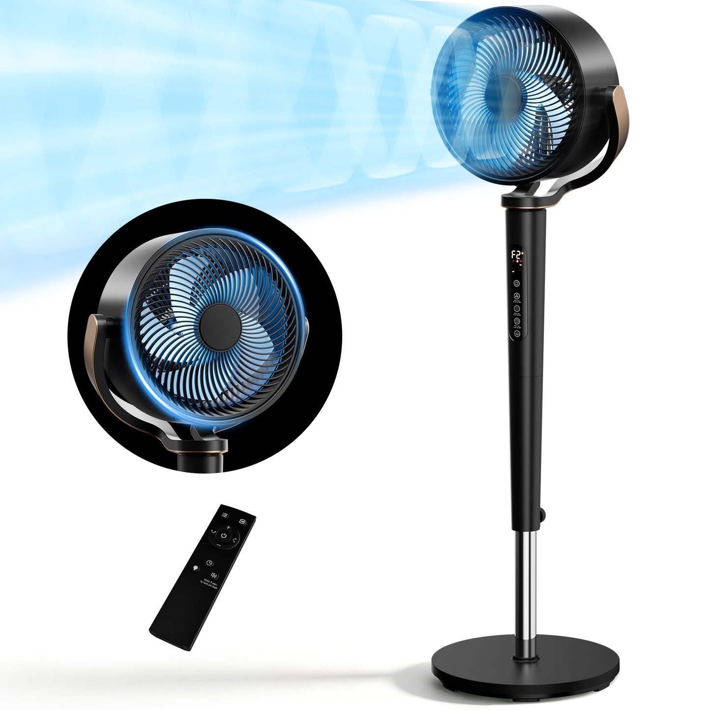 Akires Fan for Bedroom, 120°+120° Oscillating Standing Fan, Air Circulator Fan with Remote, Quiet, 4 Modes, 16 Speeds
