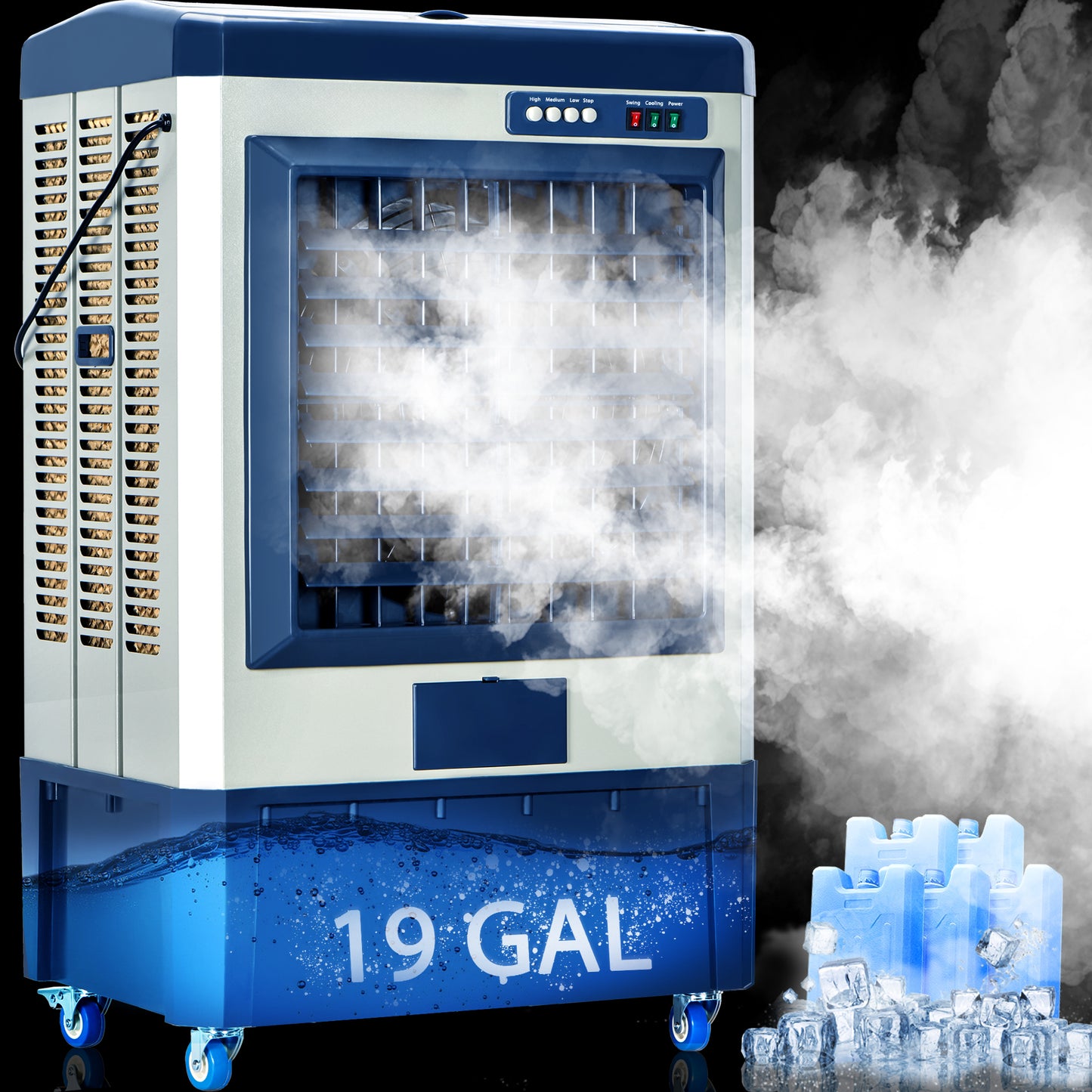 AKIRES 6500 CFM Swamp Cooler, 48" Evaporative Air Cooler with 19-Gal Auto-Fill Tank & 5 Ice Packs, 3 Speeds, 120° Oscillation, Heavy Duty Portable Cooling Fan for Patio, Garage, Indoor, Outdoor,Blue