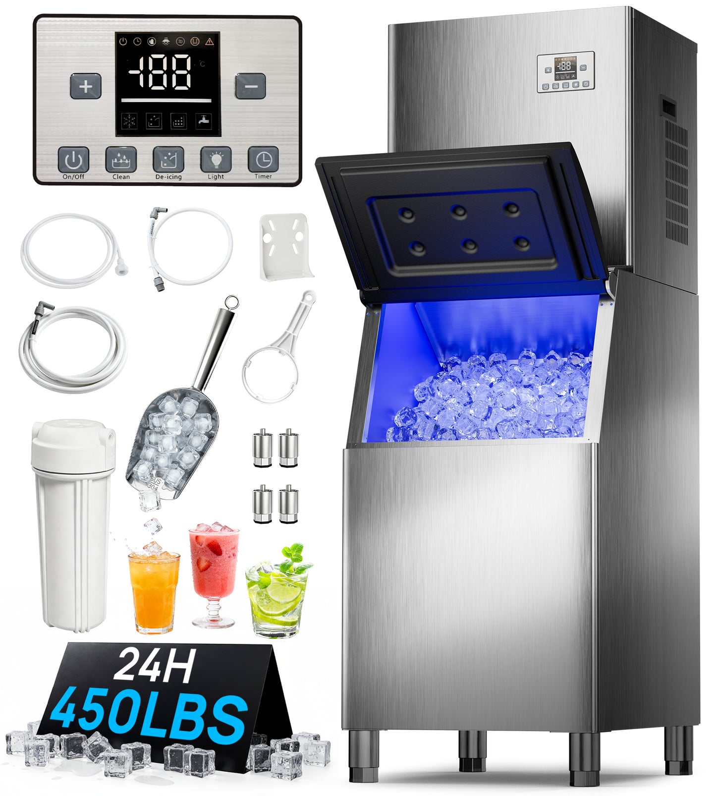 AKIRES Commercial Ice Maker Machine 450Lbs/24H with 250Lbs Storage, Self-Cleaning Mode, Split Commercial Ice Maker, Ice Ready in 7-15 min, Stainless Steel Ice Maker for Bar/Cafe/Restaurant/Businessss