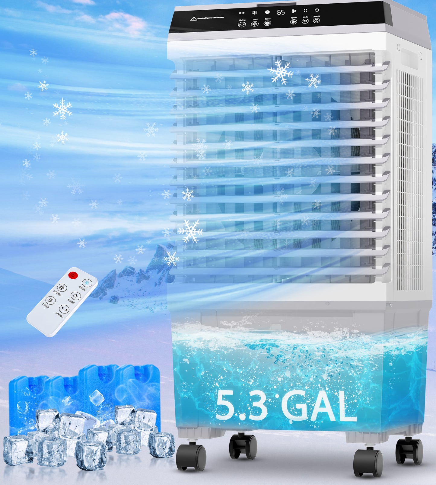 Swamp Cooler,3-IN-1 Evaporative Air Cooler with 2025 New Upgraded Copper Motor,5.3 Gal Water Tank,4 Ice Packs,12H Timer, Cooling Tower Fan for Indoor,