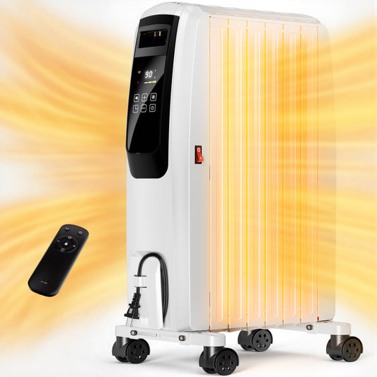 Oil Filled Radiator Heater, Space Heater Large Room, Electric Heater for Indoor Use, Office with Thermostat, 0dB, 24H Timer, Energy Saving(White)