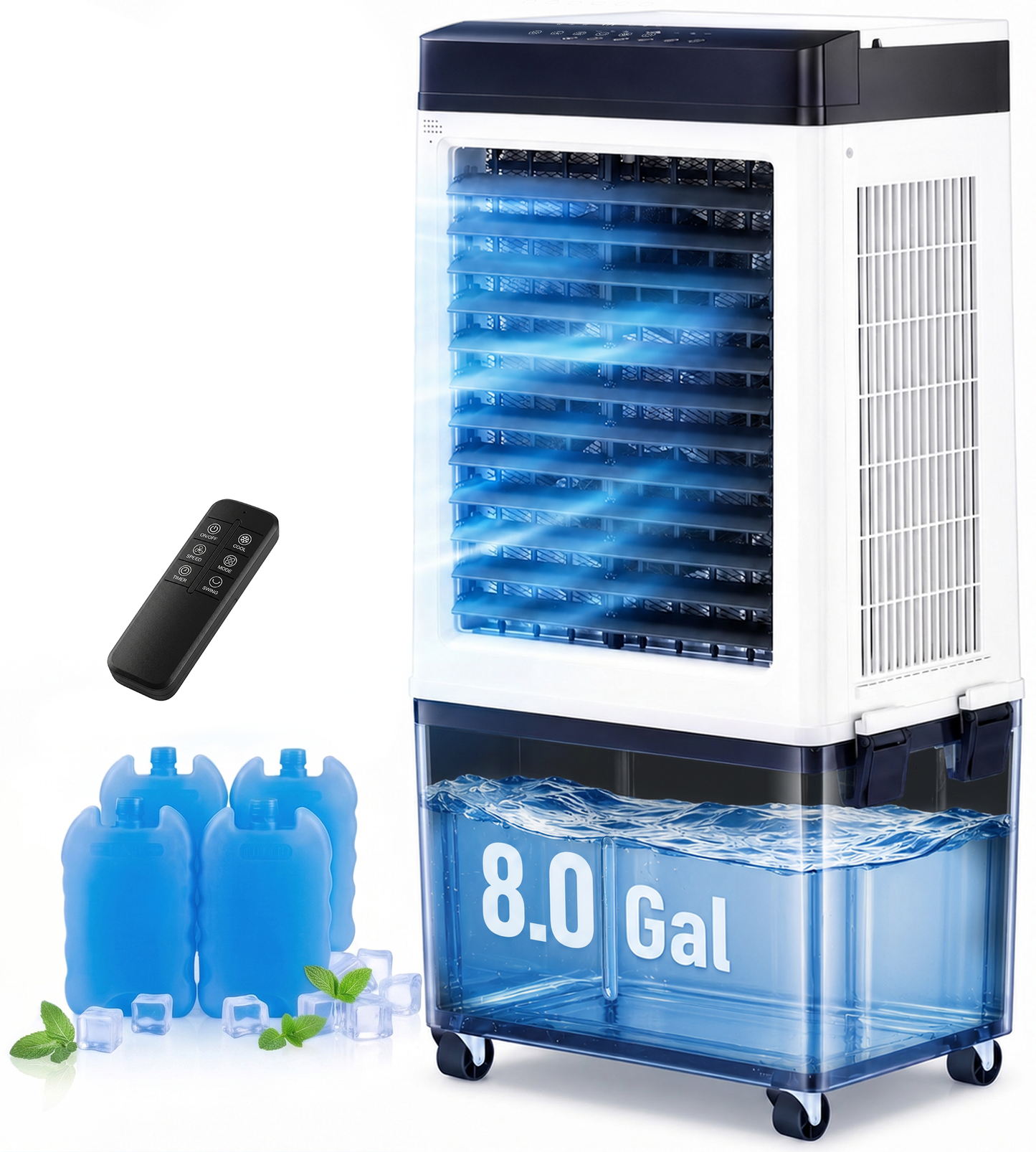 AKIRES 2200CFM Swamp Cooler,Evaporative Air Cooler with 8.0-Gal Water Tank, 4 Ice Packs, Portable Air Conditioners with Remote Control,12H Timer,Evaporative Cooler for Indoor,Outdoor Use (40IN)