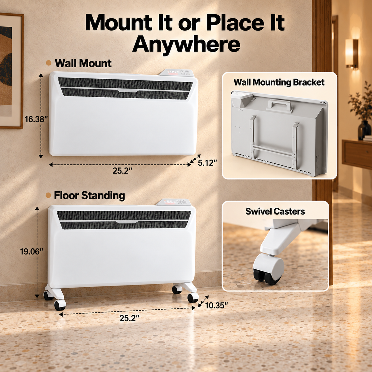 Space Heaters for Indoor Use, 1500W Convection Electric Panel Heater with Remote Control, Wall Mount & Standing, 0dB, Energy Saving-Smart WiFi