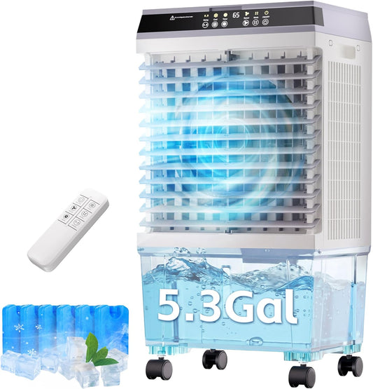 AKIRES 1800CFM Swamp Cooler,Evaporative Air Cooler with 5.3 Gal Water Tank,6 Ice Packs,Evaporative Cooler with 12H Timer,120°Oscillation, Windowless Portable Air Conditioners for Indoor,Outdoor(30IN)