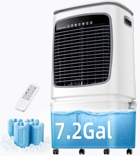 AKIRES 2100CFM Swamp Cooler, Evaporative Air Cooler for 800Sq.ft of Space, Air Cooler with 7.2-Gal Water Tank, 120°Oscillation,4 Ice Packs,12H Timer, Cooling Fans for Outdoor,Indoor Use(35IN)