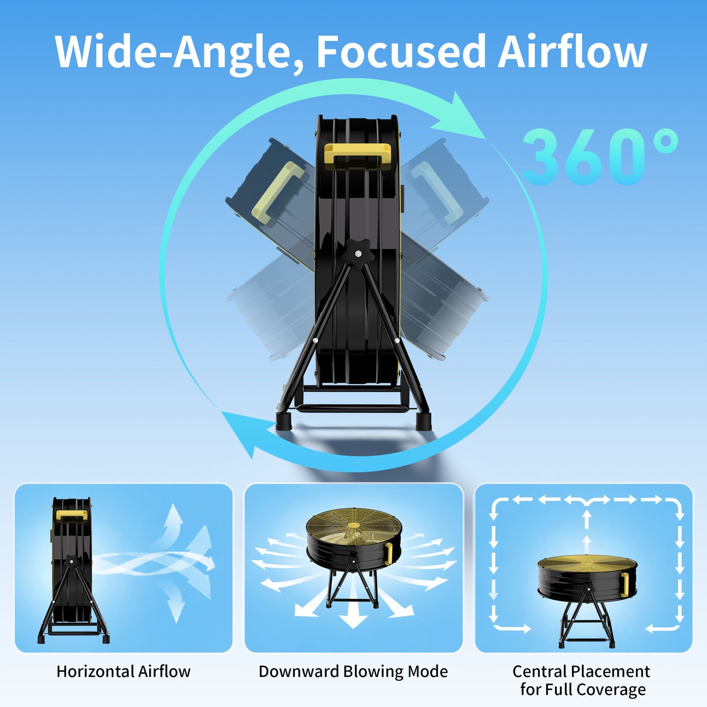 Industrial Drum Fan 40", High Velocity, 13717 CFM, 3-Speed, Heavy Duty Metal Fan for Commercial, Factory(Black+Yellow2)
