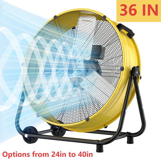 Industrial Drum Fan 36", High Velocity, 13600 CFM, 3-Speed, Heavy Duty Metal Fan for Commercial, Factory(Yellow+Black)