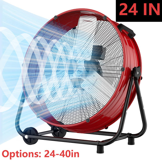 Industrial Drum Fan 24", High Velocity, 5650 CFM, 3-Speed, Heavy Duty Metal Fan for Commercial, Factory(Red+Black)