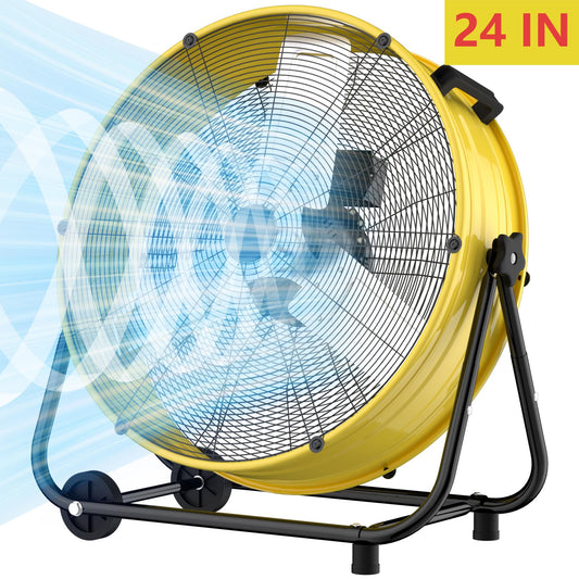 Industrial Drum Fan 24", High Velocity, 5650 CFM, 3-Speed, Heavy Duty Metal Fan for Commercial, Factory(Yellow+Black)