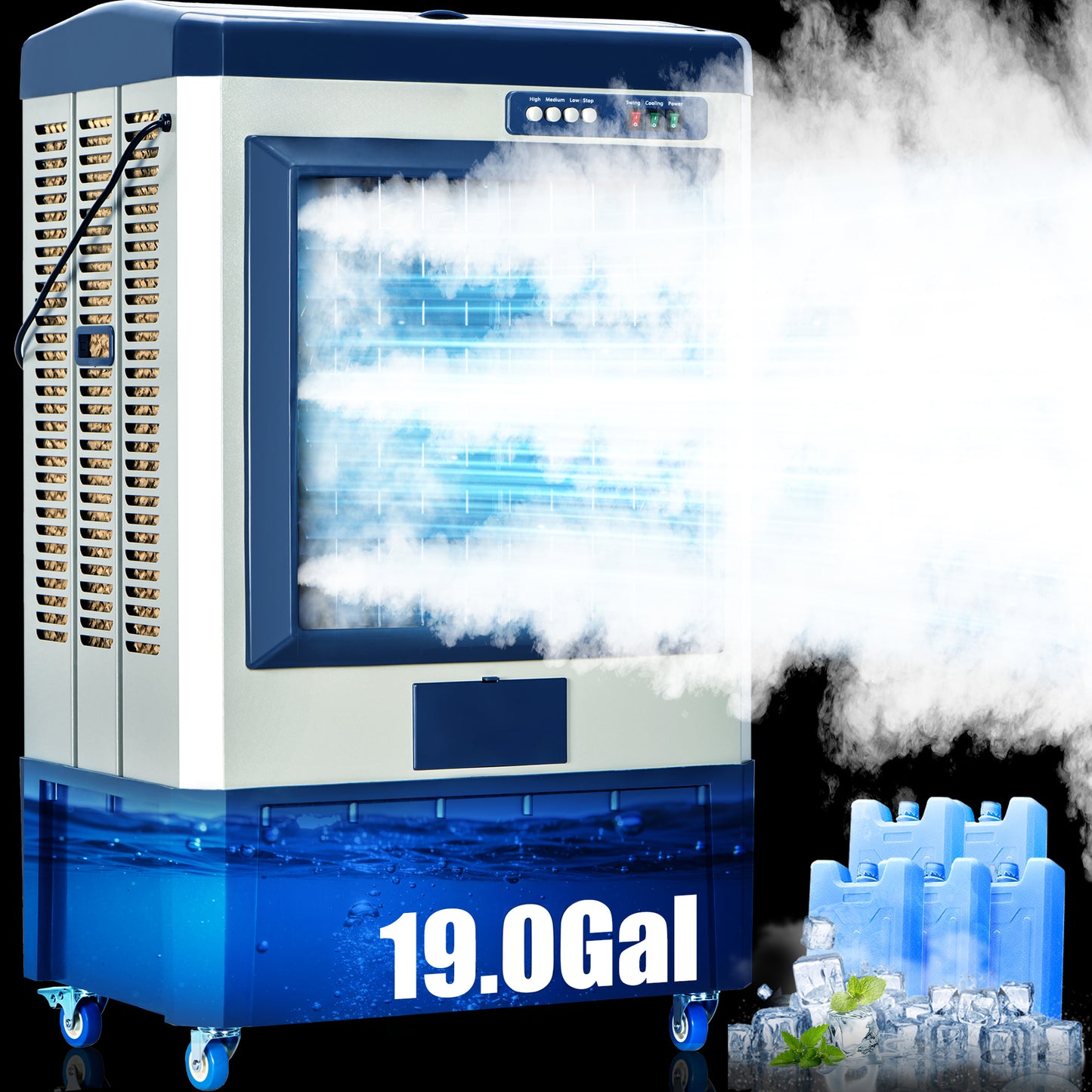 AKIRES 6500 CFM Swamp Cooler, 48" Evaporative Air Cooler with 19-Gal Auto-Fill Tank & 5 Ice Packs, 3 Speeds, 120° Oscillation, Heavy Duty Portable Cooling Fan for Patio, Garage, Indoor, Outdoor,Blue